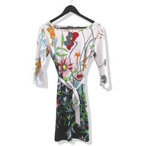 FLORAL White Slim Fit Shift Tie Waisted 3/4 Sleeves Bodycon Dress Size 6